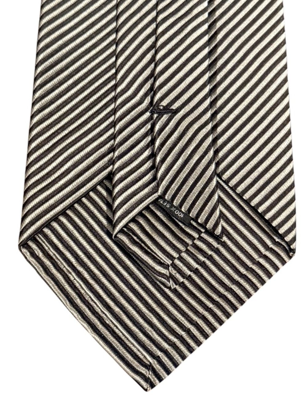 Neiman Marcus 100% Silk Mens Necktie Chocolate Brown Tan Diagonal Repp Stripe - Picture 5 of 5